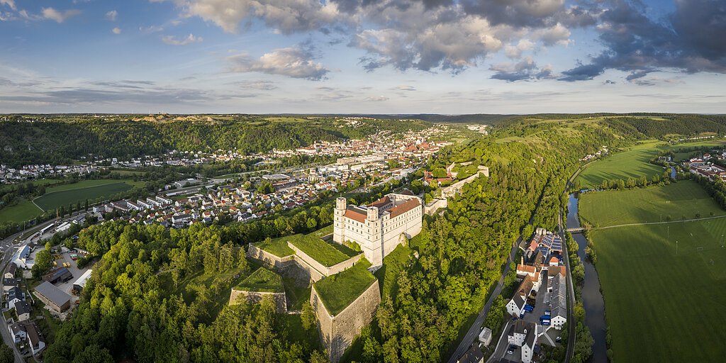 Panoramablick auf eine Burg auf einem bewaldeten Hügel mit Stadt und Fluss im Hintergrund bei Tageslicht