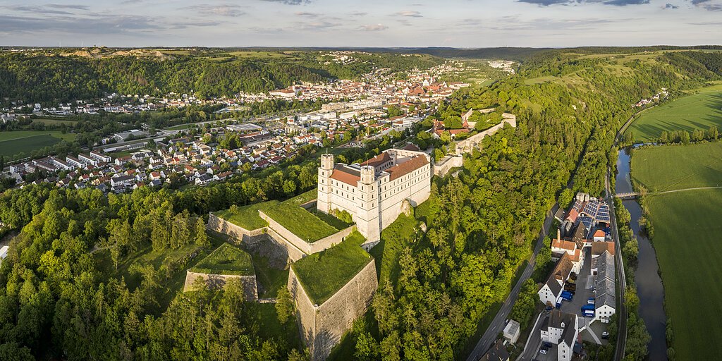 Panoramablick auf eine Burg auf einem bewaldeten Hügel mit Stadt und Fluss im Hintergrund bei Tageslicht