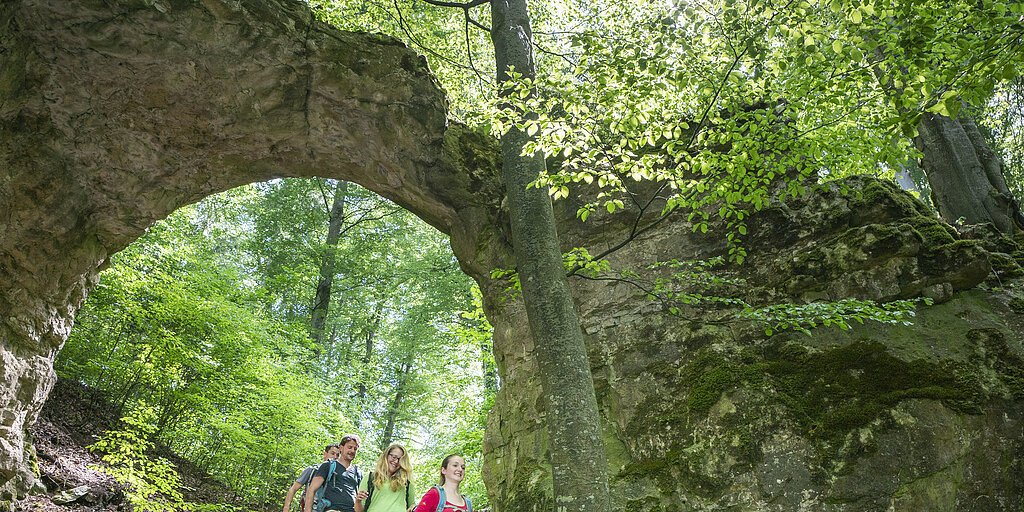 Vier Wanderer gehen einen Waldweg mit Steintreppe unter einem natürlichen Felsbogen hinab.